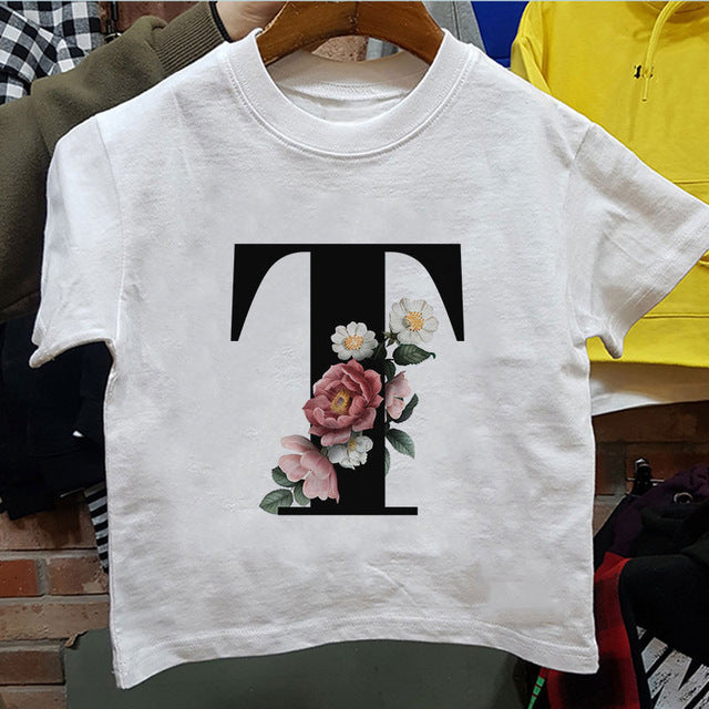 New Cartoon Flower English Alphabet Print Girls T Shirt Leisure Girl T-shirt Children Harajuku Boy Tshirt Kawaii Kids Tops Vogue