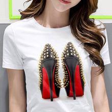 Load image into Gallery viewer, White T-shirt women&#39;s shirt fashion high-heeled shoes printed T shirt women&#39;s summer short-sleeved casual street clothing Tshirt