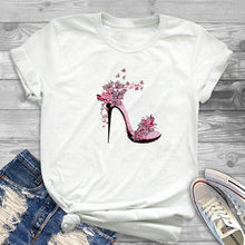 Load image into Gallery viewer, White T-shirt women&#39;s shirt fashion high-heeled shoes printed T shirt women&#39;s summer short-sleeved casual street clothing Tshirt