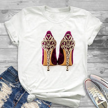 Load image into Gallery viewer, White T-shirt women&#39;s shirt fashion high-heeled shoes printed T shirt women&#39;s summer short-sleeved casual street clothing Tshirt