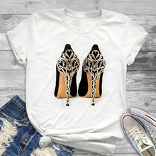 Load image into Gallery viewer, White T-shirt women&#39;s shirt fashion high-heeled shoes printed T shirt women&#39;s summer short-sleeved casual street clothing Tshirt