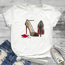 Load image into Gallery viewer, White T-shirt women&#39;s shirt fashion high-heeled shoes printed T shirt women&#39;s summer short-sleeved casual street clothing Tshirt